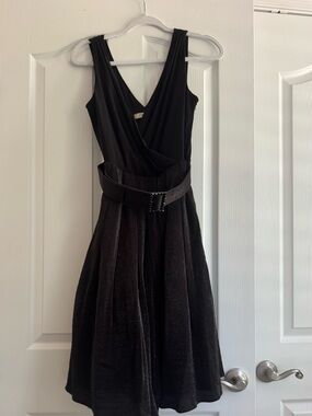 Classic Black Belted V-Neck Dress. Lined and with taffeta layering underneath.